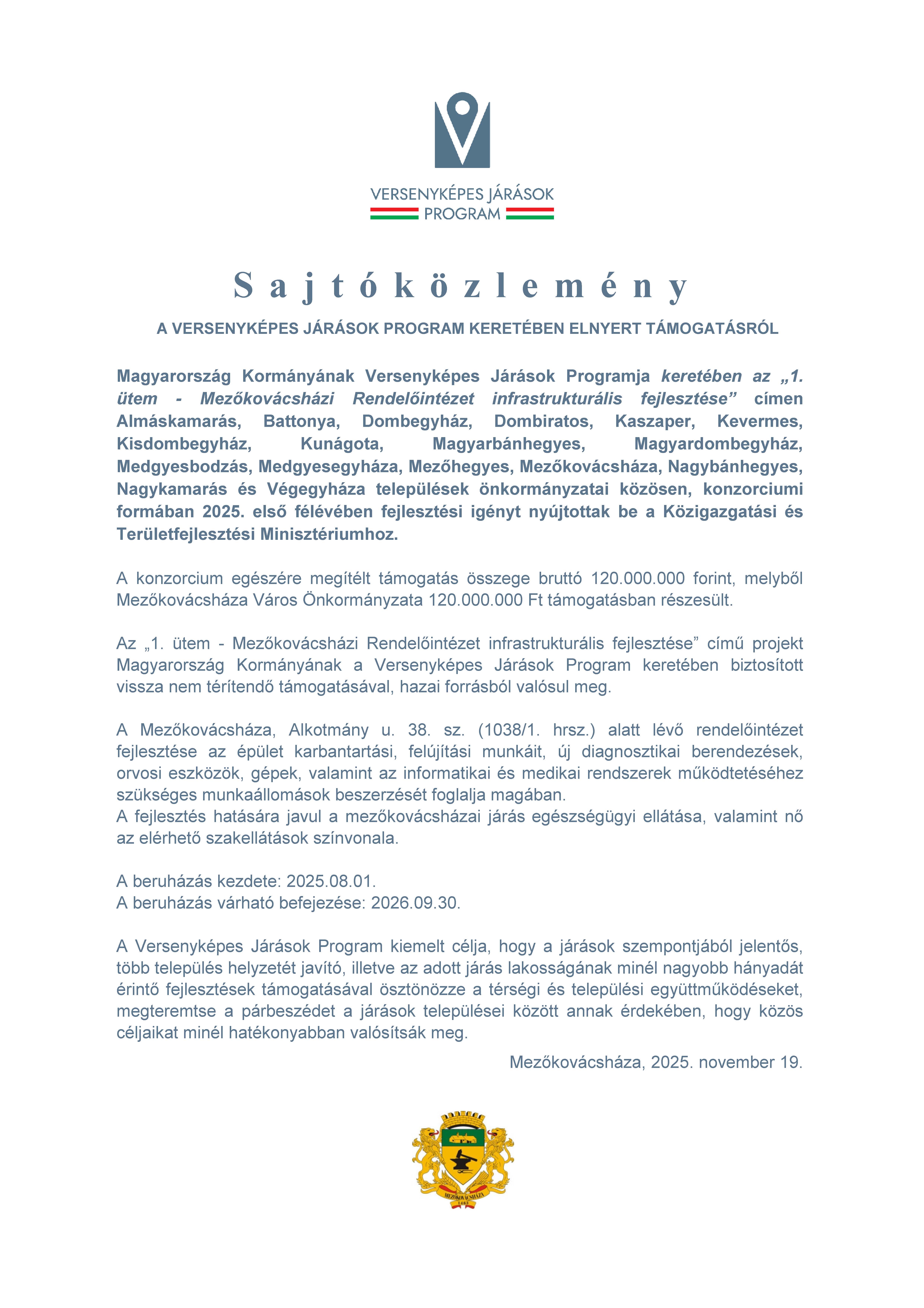 Mezőkovácsháza közlemény